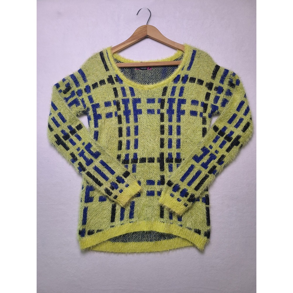 Say What? Sm Sweater Grunge Y2K Neon Yellow Blue Plaid Fuzzy Knit Art Eclectic